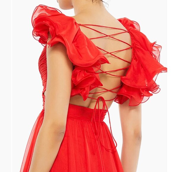 Mac Duggal Red Ruffle Tiered Cut-Out Chiffon Gown Size 10 - Picture 7 of 12
